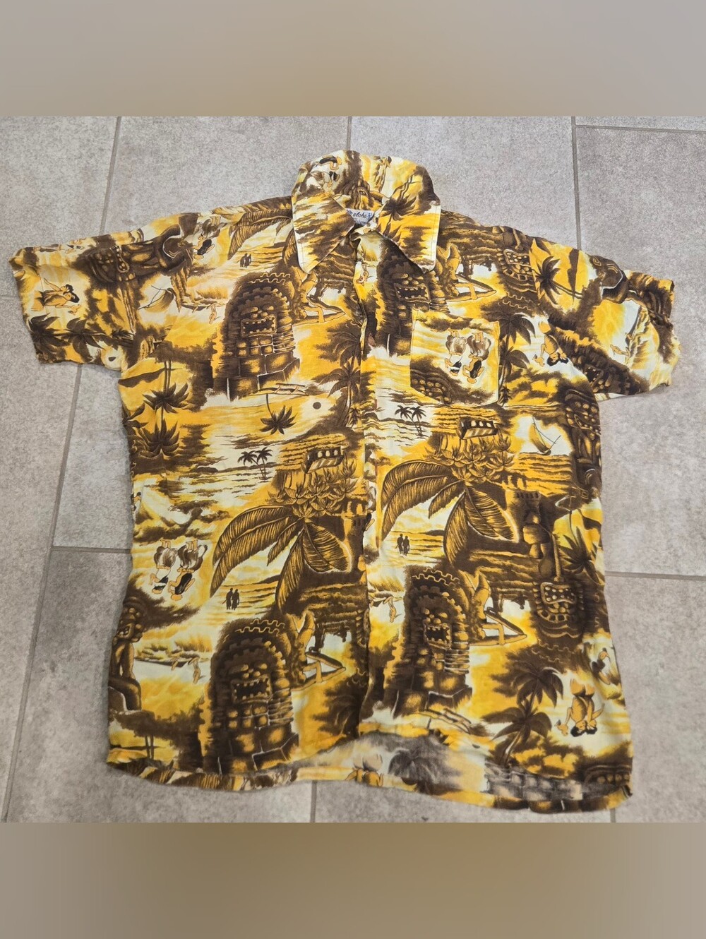 Vtg 70s Kamehameha Silkana Hawaiian Shirt M/L Tiki Palm Yellow Brown Surfer